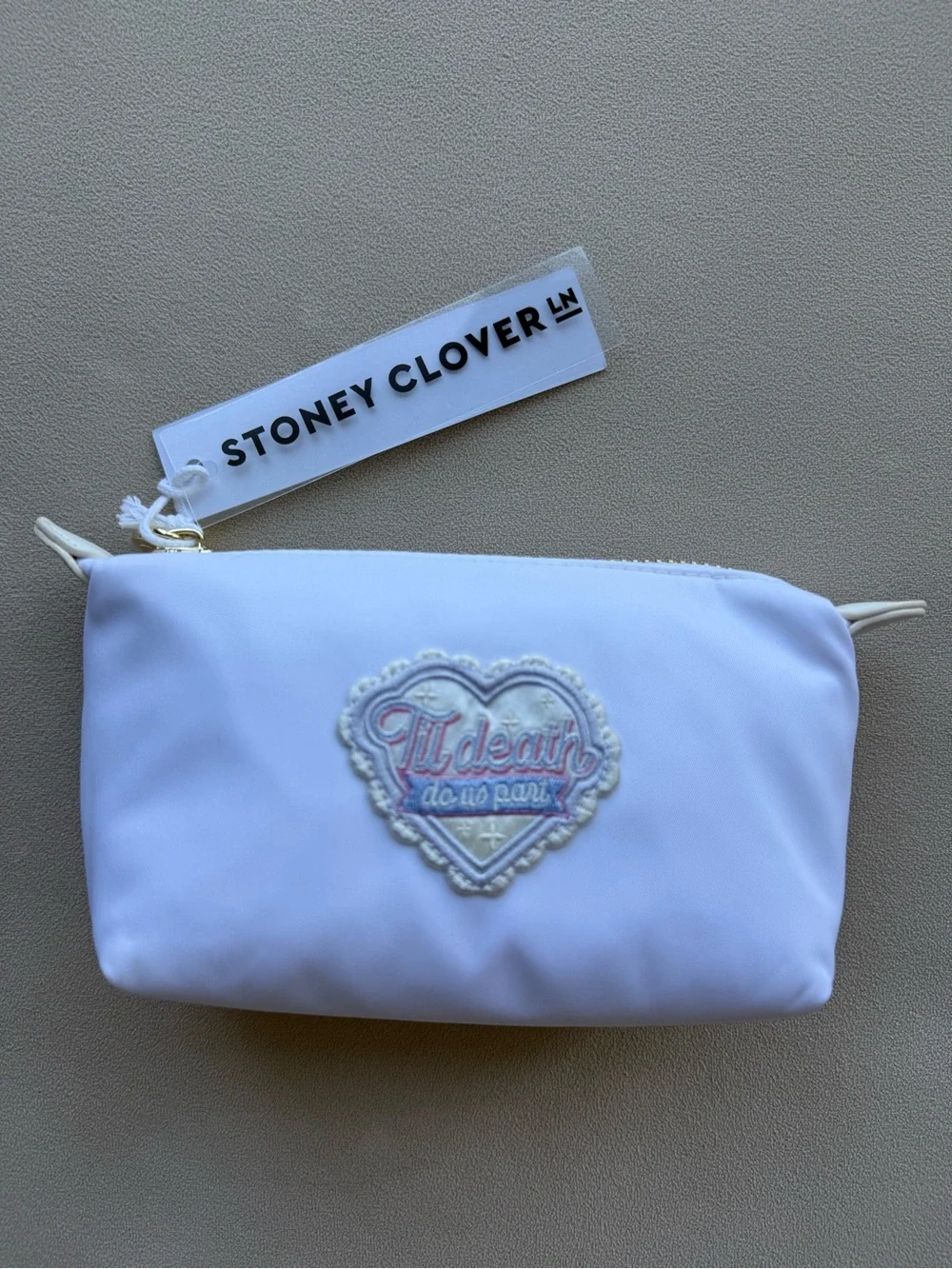 Stoney Clover Lane White Heart Patch Cosmetic Pouch